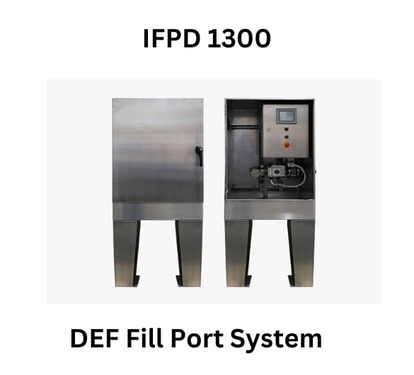 IFPD 1300 DEF Fill Port System with a closed and open view showing the internal components and control panel.